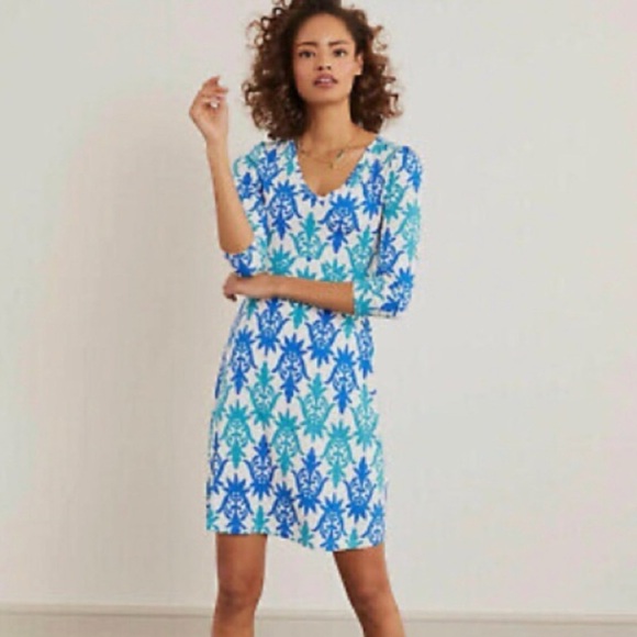 Boden Tory Tunic Dress White Blue Jersey Stretch 3/4 Sleeve V Neck US Size 10 - Picture 2 of 9